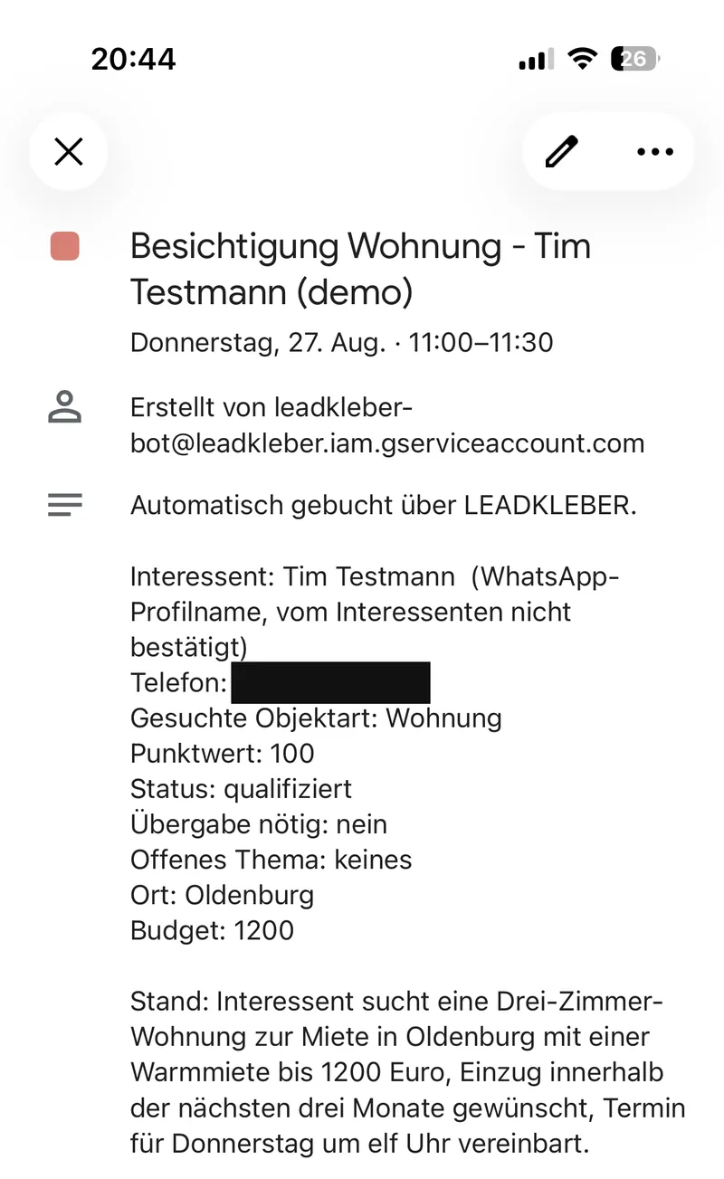 Kalendereintrag, automatisch gebucht, mit Punktwert 100 und Status qualifiziert